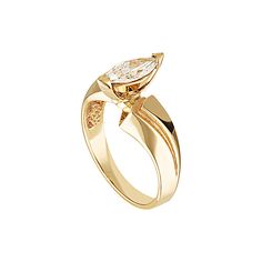 a yellow gold ring with two pear shaped diamonds on the top and bottom, set against a white background