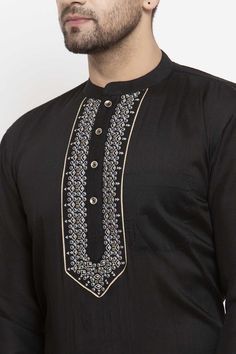 Black Chanderi Kurta With Embroidered Border, Black Chanderi Kurta With Chikankari Embroidery, Black Chikankari Chanderi Kurta, Designer Straight Kurta With Motifs, Designer Motifs Straight Kurta, Unstitched Black Traditional Wear With Chikankari Embroidery, Black Chanderi Salwar Kameez With Dabka, Black Long Sleeve Kurta For Festive Occasions, Black Long Sleeve Kurta For Transitional Season