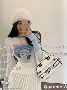 White Rockstar Cat Long Sleeves T-Shirt | Seulgi - Red Velvet S Trendy Winter T-shirt, Trendy Winter Crew Neck T-shirt, Trendy Graphic Print Winter T-shirt, Retro White Winter T-shirt, Rockstar Cat, Kpop Tshirt, Fashion Chingu, Red Velvet Seulgi, Velvet Fashion