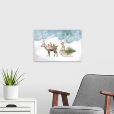 a christmas scene with reindeers and people riding in a sleigh