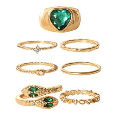 Elevate your jewelry collection with the Jessica Simpson Ring Set, featuring a stunning variety of six rings in gold tone adorned with green gemstones. Each ring in this set is crafted with high-quality materials and designed to reflect Jessica Simpson's signature blend of elegance and modern style. The Jessica Simpson Ring Set, Set of 6 Gold Tone with Variety and Green Gemstones offers versatility and sophistication. The rings feature different designs, including solitaire settings, bands, and accents of green gemstones, providing options for both everyday wear and special occasions. Whether worn individually to make a statement or stacked for a layered look, these rings effortlessly enhance your ensemble with their luxurious appeal. Size: one size.  Gender: female.  Age Group: adult. Snake Ring Gold, Hand Jewelry Rings, 33rd Birthday, Snake Ring, Stacked Jewelry, Hand Jewelry, Green Gemstones, Ring Gold, Womens Jewelry Rings