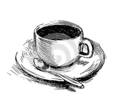 a coffee cup and saucer with spoons on a plate, hand drawn sketch