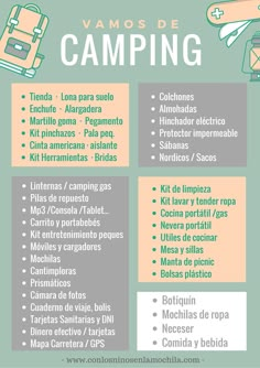 a poster with the words camping and other things to do in spanish, including luggage