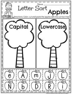 the capital and lowercase letter sort worksheet for apple themed learning materials, such as