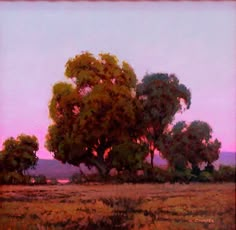 an oil painting of trees in a field at sunset with pink sky and purple clouds