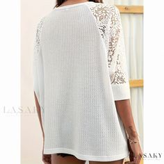 Lasaky - Lace Panel Short Sleeve Hollow Out Sexy Chic Comfortable Knit Top Non-stretch Knit Tops, Casual Hollow Out Tops For Vacation, Crew Neck Stretch Sweater For Day Out, Stretch Crew Neck Sweater For Day Out, Fitted Open Knit Casual Blouse, Casual Open Knit Blouse, Knit Tops For Vacation In Fall, White Stretch Top With Hollow Out Details, V-neck Hollow Out Tops For Vacation