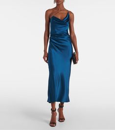 One-shoulder silk satin maxi dress in blue - The Sei | Mytheresa Pre-draped Silk Evening Dress With Satin Finish, Elegant Silk Dress With Satin Lining For Evening, Pre-draped Satin Maxi Dress, Sleek Satin Silk Floor-length Dress, Sleek Long Satin Evening Dress, Chic Satin-lined Modal Satin Dress, Pre-draped Sleeveless Silk Satin Dress, Silk Dress With Satin Lining For Summer, Pre-draped Satin Finish Maxi Dress For Formal Occasions