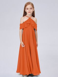 Description:   Ruffled Chiffon Junior Bridesmaid Dress   Details:     Silhouette: A-line  Fabric: Chiffon  Neckline: the Shoulder  Sleeve Length: Sleeveless  Embellishment: Pleated  Floor-length chiffon dress.   With padding and boning.    Available in full-size range (J4-J16) and in  custom size         Ask a question Bridesmaid Dresses Burnt Orange, Jr Bridesmaid Dresses, Papaya Bridesmaid Dresses, Watermelon Bridesmaid Dress, Kids Bridesmaid Dress, Jr Bridesmaid, Full Maxi Skirt, Junior Bridesmaid Dress, Burnt Orange Dress