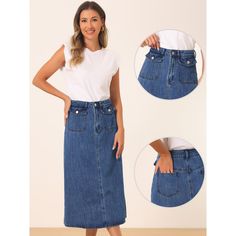 The basic design creates a casual yet stylish look, a must-have in any woman's wardrobe. This jean skirt features a classic denim fabric with a drape. The flap pockets add a trendy and functional element to the skirt, providing extra storage space. Pair it with a fitted blouse and heels for a chic and sophisticated look, or go for a more casual vibe by pairing them with a graphic tee. Fitted Blouse, Shipt Shopper, Lined Jeans, Denim Maxi Skirt, Basic Design, Extra Storage Space, Women's Wardrobe, Jean Skirt, Extra Storage