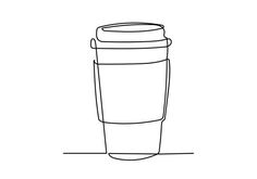 a line drawing of a coffee cup on a white background, with the lid down