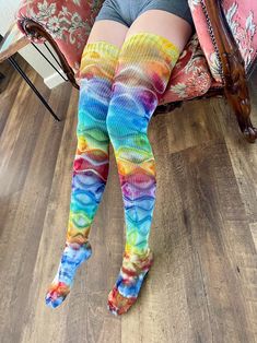 Gorgeous hand tied & ice dyed thigh high socks  Rainbow pattern  Ideal for all seasons, great to layer over leggings or under a skirt in winter, with shorts or mini skirt in summer Cotton Blend (89% Cotton / 9% Nylon / 2% spandex  Thigh length (from ankle to the top) - approximate leg length is 26" (66 cm), stretches approx 19-20" in width at thigh Made in: UNITED STATES (USA) Fitted Multicolor Socks For Fall, Stretch Multicolor Knee-high Socks, Multicolor Stretch Knee-high Socks, Casual Multicolor Stockings, Spring One-size Knee-high Socks, Stretch Multicolor Thigh High Socks, Multicolor Thigh High Casual Socks, Multicolor Stretch Thigh High Socks, Multicolor Casual Thigh-high Socks