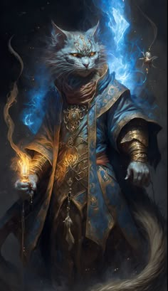 a painting of a cat in armor holding a candle