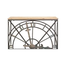 an iron clock with wooden top and roman numerals