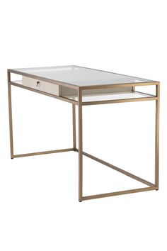 a glass and metal table with drawers on it's sides, against a white background