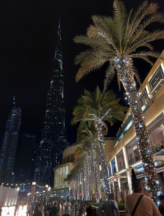 palm trees are lit up at night in front of the burjt building