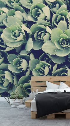 a bed sitting in front of a wall covered in succulents next to a wooden bench