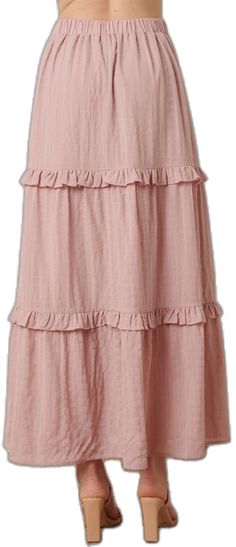 Flowy Ruffled Midi Maxi Skirt, Chic Voluminous Tiered Maxi Skirt, Layered Tiered Skirt Maxi Dress, Chic Tiered Voluminous Maxi Skirt, Feminine Ruffled Maxi Skirt, Feminine Tiered Ruffle Maxi Skirt, Pink Tiered Flowy Maxi Skirt, Spring Tiered Maxi Dress, Feminine Maxi Skirt With Ruffles