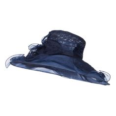 Lace Covered Wide Organza HatMade of 100% polyester.One size fits most women with an inner elastic adjustable tie, fitting up to 7 1/4.Inner satin hatband.Adult/Women.Crown measures 4 inches deep.Brim measures 7 inches wide.Hand wash only.Imported. Woman's fashionable wide brim organza hat for special events.Cylindrical top crown.2 flowers are accented on one side.Lace covered wide brim.Ruffled brim is easily shapeable.Brim can be downturned or upturned.Our lacey organza hat is an excellent head Adjustable Costume Hats And Headpieces For Church, Adjustable Bucket Hat With Curved Brim For Party, Elegant Short Brim Hat With Uv Protection, Elegant Brimmed Hat With Uv Protection, Wide Brim Bucket Hat For Spring Party, Spring Party Bucket Hat With Curved Brim, Adjustable Bucket Hat For Spring Party, Blue Mini Hat For Beach, Wide Brim Sun Hat For Party