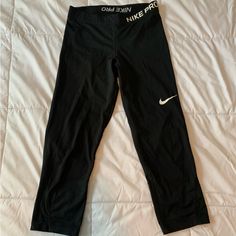 Calf Length Nike Pro Leggings, Never Worn. Nike Go-dry Leggings For Sports, Nike Yoga Pants For Sports, Nike Sportswear Tights For Training, Nike Training Tights Sportswear, Nike Go-dry Workout Pants, Nike Sportswear Leggings For Training, Nike Training Leggings Sportswear, Nike Black Yoga Leggings, Nike Training Leggings