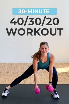 a woman is doing an exercise with pink dumbbells in front of a sign that reads 30 - minute superset workout