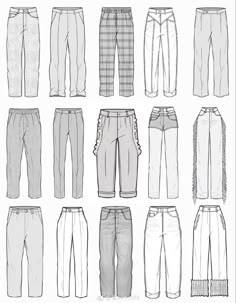 the different types of pants for men and women are shown in black and white, including one