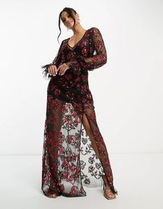 Lace & Beads exclusive long sleeve maxi dress in red mixed applique | ASOS Embroidered V-neck Maxi Dress For Evening, Festive V-neck Embellished Maxi Dress, Embroidered Floor-length Maxi Dress For Prom, Festive Red Long Sleeve Maxi Dress, Prom Maxi Dress With Embroidery, Prom Embroidered Maxi Dress, Festive Embellished Maxi Dress, Embroidered Maxi Dress For Prom, Festive Embellished V-neck Maxi Dress