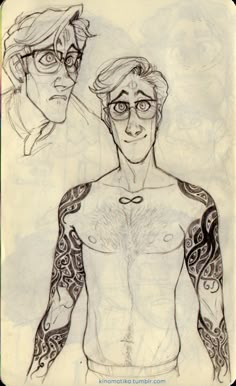 a drawing of two people with tattoos on their arms and chest, one man is wearing glasses