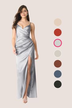 Have your bridesmaids dressed beautifully with our Metallic Satin Mermaid dress, Sukia. Her V-neckline has a faux surplice bodice with delicate pleating that is held by adjustable spaghetti straps. The skirt has complimenting pleats and a leg slit that allows ease of movement. Silver Bridesmaids Dresses, Night Court Wedding, Silver Bridesmaid Dress, Satin Mermaid Dress, Silver Bridesmaid Dresses, Maternity Bridesmaid Dresses, Silver Bridesmaid, Stunning Bridesmaid Dresses, Mermaid Bridesmaid