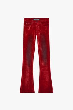 "LUXE" RED SUEDE STACKED FLARE JEAN Red Wide Leg Flare Jeans For Fall, Luxury Red Fitted Bottoms, Trendy Red Flare Jeans, Luxury Fitted Red Bottoms, Chic Fitted Red Jeans, Fitted Red Jeans For Fall, Trendy Fitted Red Flare Jeans, Trendy Fitted Velvet Pants, Red Five-pocket Pants For Fall