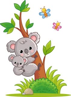 a koala bear and her baby sitting on a tree with butterflies in the background