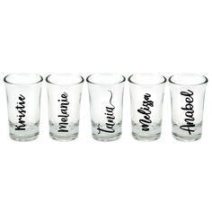 six shot glasses with different names on them