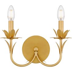 Maria 12 Inch 2 Light Wall Sconce by Quoizel Maria Wall Sconce by Quoizel - MAA8712GFL With a gold leaf finish and elegant design, Maria is as luxurious as it is modern. The pretty silhouette features softly curving lines and a subtle leaf motif, adding just the right amount of embellishment. Choose the six-light chandelier, perfect over a kitchen table or in a breakfast nook - or add instant style to any hallway or bathroom with the wall sconce. - Maria 12 Inch 2 Light Wall Sconce by Quoizel Oak House, Sorority House, Maximalist Home, Indoor Wall Sconces, Quoizel Lighting, Backyard Office, Healing Space, Transitional Wall Sconces, Leaf Motif