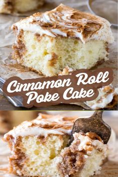 cinnamon roll poke cake with frosting on top