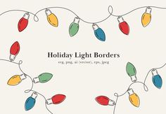 holiday light borders with colored lights and stringing on white background for christmas cards or banners