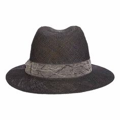 Hand woven bao straw fedora hat. Crinkle texture multi tone band with side bow. Classic creased crown and pinched front. Flat 2.5" wide brim. Ribbon drawstring in inner band to adjust fit. 100% bao straw Black Woven Panama Hat With Curved Brim, Black Brimmed Woven Panama Hat, Black Woven Panama Hat With Short Brim, Black Woven Brimmed Panama Hat, Black Woven Panama Hat With Flat Brim, Black Woven Fedora Hat, Black Toquilla Straw Fedora For Spring, Black Woven Panama Hat In Toquilla Straw, Adjustable Black Straw Fedora