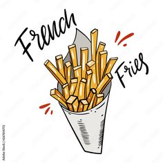 french fries in a paper cup with the words french fries on it, hand drawn