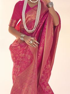 This stunning saree features intricate zari weaving work that adds a touch of sophistication to your ensemble. The pink color of the silk material exudes vibrancy and excitement, making it the perfect choice for weddings, festivals, and other special occasions.
The saree comes with a matching silk blouse that also features zari weaving work, creating a coordinated and cohesive look. Both the saree and blouse are made of high-quality silk material, ensuring a luxurious feel and a flattering drape Pink Pre-draped Saree With Unstitched Blouse For Festivals, Pink Katan Silk Pre-draped Saree For Festivals, Pink Bollywood Saree For Eid, Pink Pre-draped Saree For Eid Ceremonies, Pink Wedding Saree For Navratri, Traditional Pink Saree Blouse Piece, Pink Saree Blouse Piece For Traditional Ceremonies, Pink Saree For Wedding And Festivals, Pink Saree For Wedding And Eid