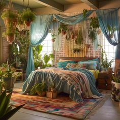 a bed room with a neatly made bed and lots of plants