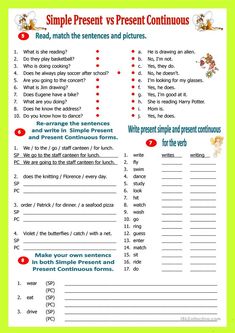 a printable worksheet with words and pictures to help students understand the present tense