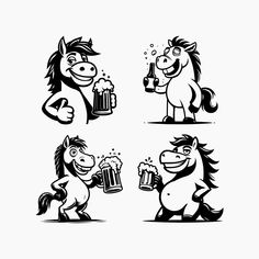 four cartoon horses holding beer mugs and drinking from them, all in black and white