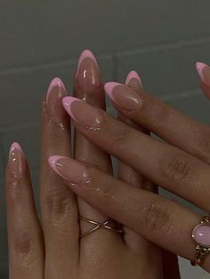 Pink Tip Nails Almond, Pink Fashion Design, Nail Almond, Almond Nails Pink, Nagel Tips, Basic Nails, Girly Acrylic Nails