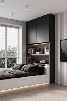 a modern bedroom with black and white decor