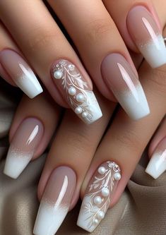 Short Coffin Bridal Nails, Wedding Nails Off White, Ideas For Wedding Nails, Square White Nails Design, Natural Nails Rhinestones, Fresh White Nails, Wedding Elegant Nails, Bridal Coffin Nails, Bridal Square Nails