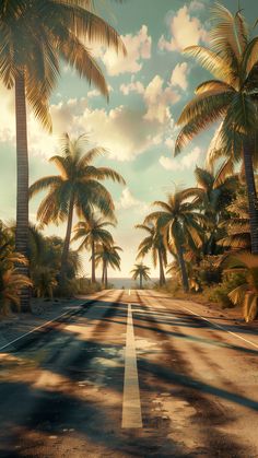 an empty road surrounded by palm trees under a cloudy sky