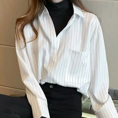 Brand New Turtle Neck And White Shirt Outfit, Turtle Neck With Button Up Shirt, Korean Fashion Business Casual, White Button-up Tops For Fall, White V-neck Top For Office, White Button-up Blouse For Fall, Casual Black Shirt For Office Wear, Casual Striped Blouse For Business Casual, White Long Sleeve Office Tops