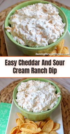 two bowls filled with cheddar ranch dip and chips on a plate next to each other