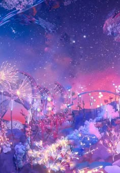 an artistic display with flowers and lights in the sky at night, surrounded by snowflakes