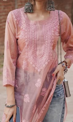 Kurta And Jeans, Indian Airport, Anarkali Dress Simple, Tops On Jeans, Chikankari Design, Kurti Poses, Sensual Painting, Pakistani Kurti Designs, Indian Magic