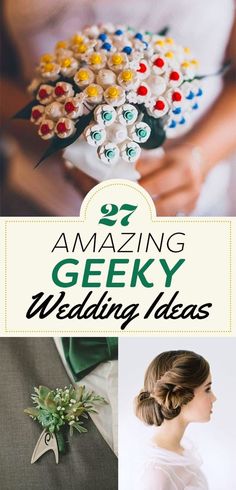 the words amazing geeky wedding ideas are in white and black letters with red, yellow,