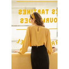 A silk blouse with a color that resembles soft sunlight, like twinkling starlight. The neckline has pleat details, giving it a sophisticated and classy look. An elegant atmosphere with a smooth drape. 
 
 
 Size 
 
 S size
 
 Length: 62cm 
 Bust: 98cm 
 Sleeve length: 69cm 
 
 
 M size 
 
 Length: 63cm 
 Bust: 102cm 
 Sleeve length: 70.5cm 
 
 L size 
 
 Length: 64cm 
 Bust: 106cm 
 Sleeve length: 72cm 
 
 XL size 
 
 Length: 65cm 
 Bust: 110cm 
 Sleeve length: 73.5cm 
 
 
 
 Material 
 
 Silk Gold V-neck Blouse For Work, Office Blouse With Blouson Sleeves, Elegant Solid Blouse With Blouson Sleeves, Elegant Viscose Blouse For Night Out, Elegant Gold Silk Blouse, Elegant Solid Color Padded Blouse, Chic V-neck Blouse With Pleated Sleeves, Party V-neck Blouse With Blouson Sleeves, Viscose Blouse For Night Out